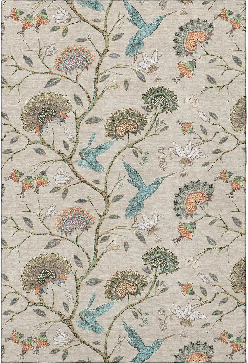 Beige Blue And Peach Geometric Washable Area Rug With UV Protection Photo 3