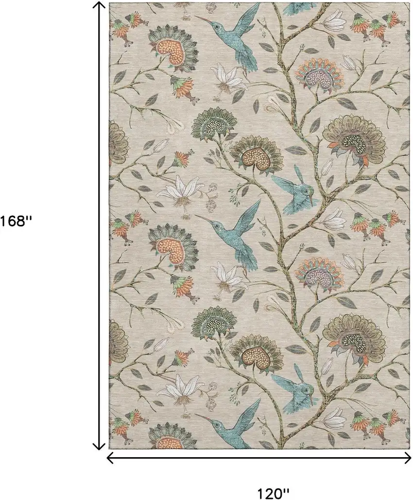 Beige Blue And Peach Geometric Washable Area Rug With UV Protection Photo 3