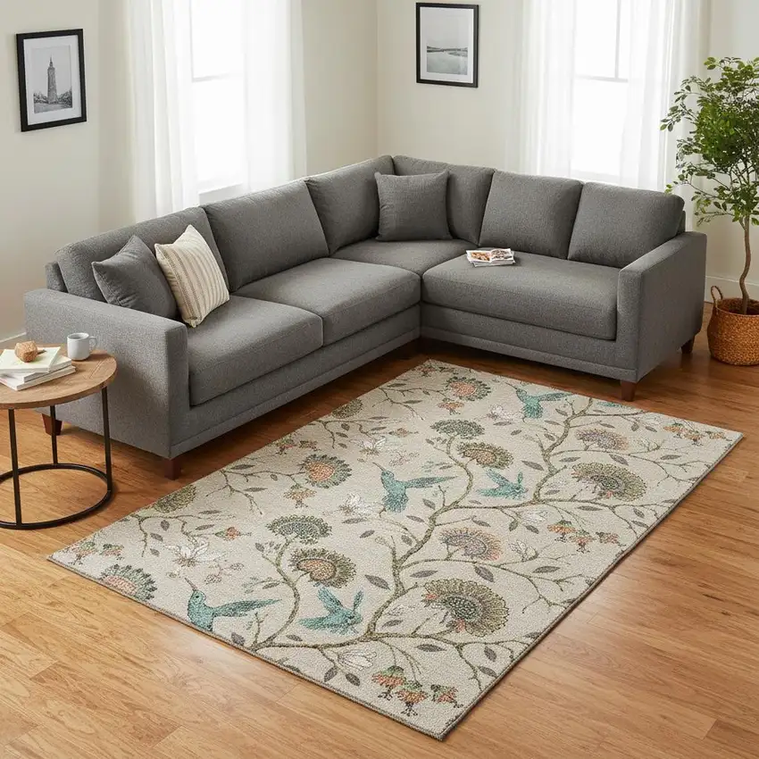 Beige Blue And Peach Geometric Washable Area Rug With UV Protection Photo 1