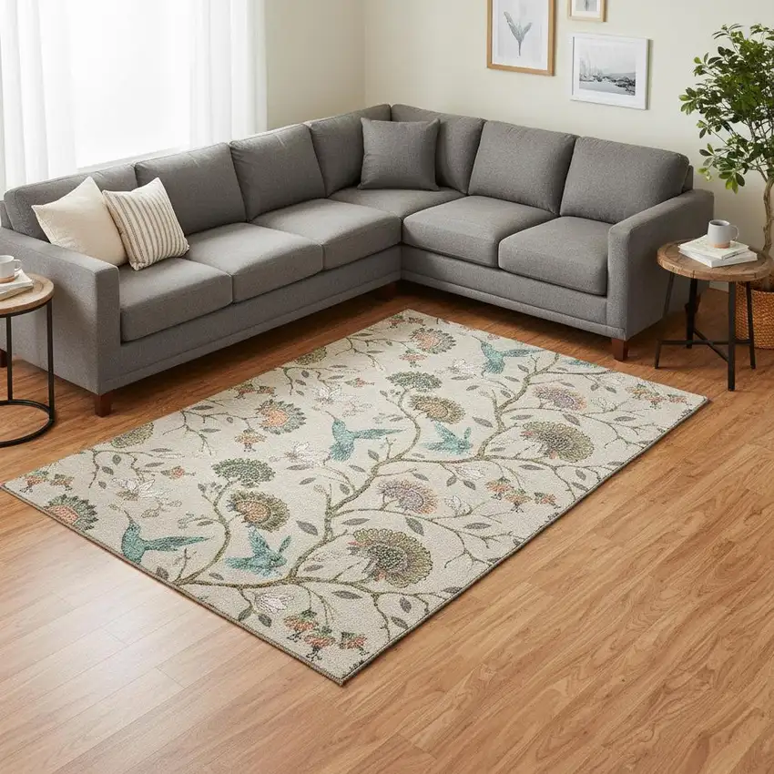 Beige Blue And Peach Geometric Washable Area Rug With UV Protection Photo 1