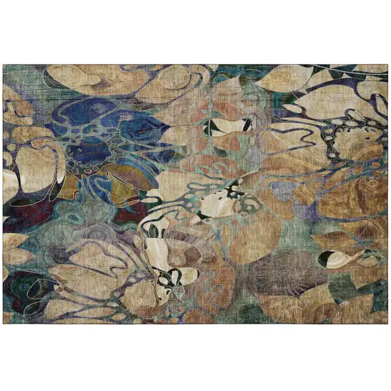 Beige Blue And Purple Abstract Distressed Washable Area Rug With UV Protection Photo 2