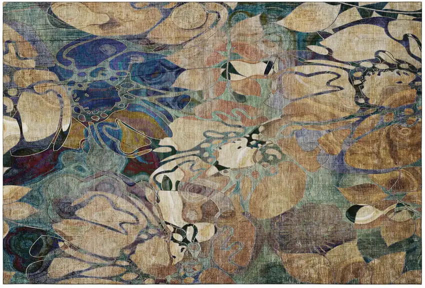 Beige Blue And Purple Abstract Distressed Washable Area Rug With UV Protection Photo 2