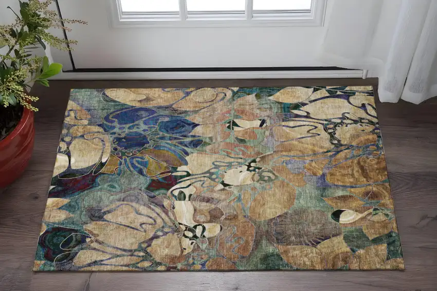 Beige Blue And Purple Floral Washable Area Rug With UV Protection Photo 2