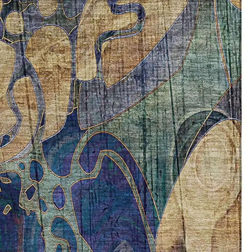 Beige Blue And Purple Floral Washable Area Rug With UV Protection Photo 4