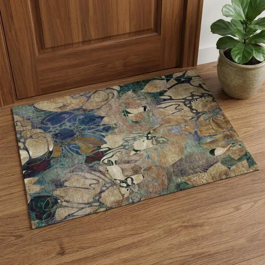 Beige Blue And Purple Abstract Distressed Washable Area Rug With UV Protection Photo 1