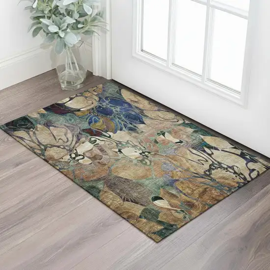 Beige Blue And Purple Floral Washable Area Rug With UV Protection Photo 1