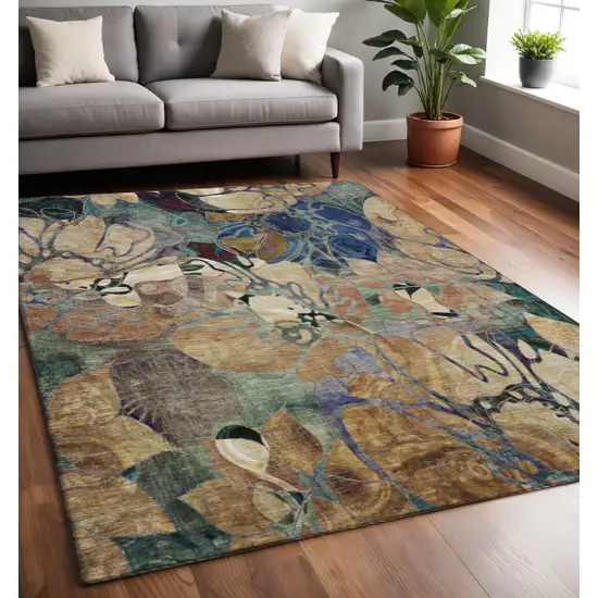 Beige Blue And Purple Floral Washable Area Rug With UV Protection Photo 2