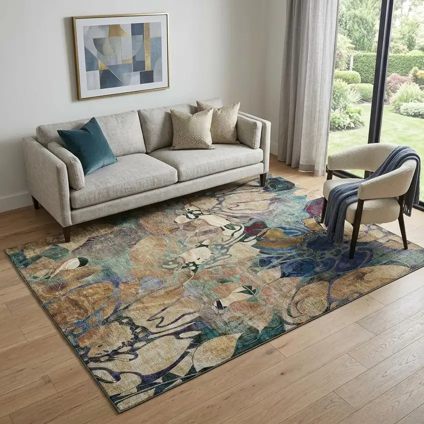Beige Blue And Purple Abstract Distressed Washable Area Rug With UV Protection Photo 1