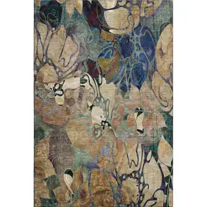 Photo of Beige Blue And Purple Floral Washable Area Rug With UV Protection