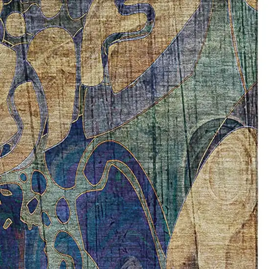 Beige Blue And Purple Floral Washable Area Rug With UV Protection Photo 4