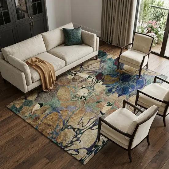 Beige Blue And Purple Abstract Distressed Washable Area Rug With UV Protection Photo 1