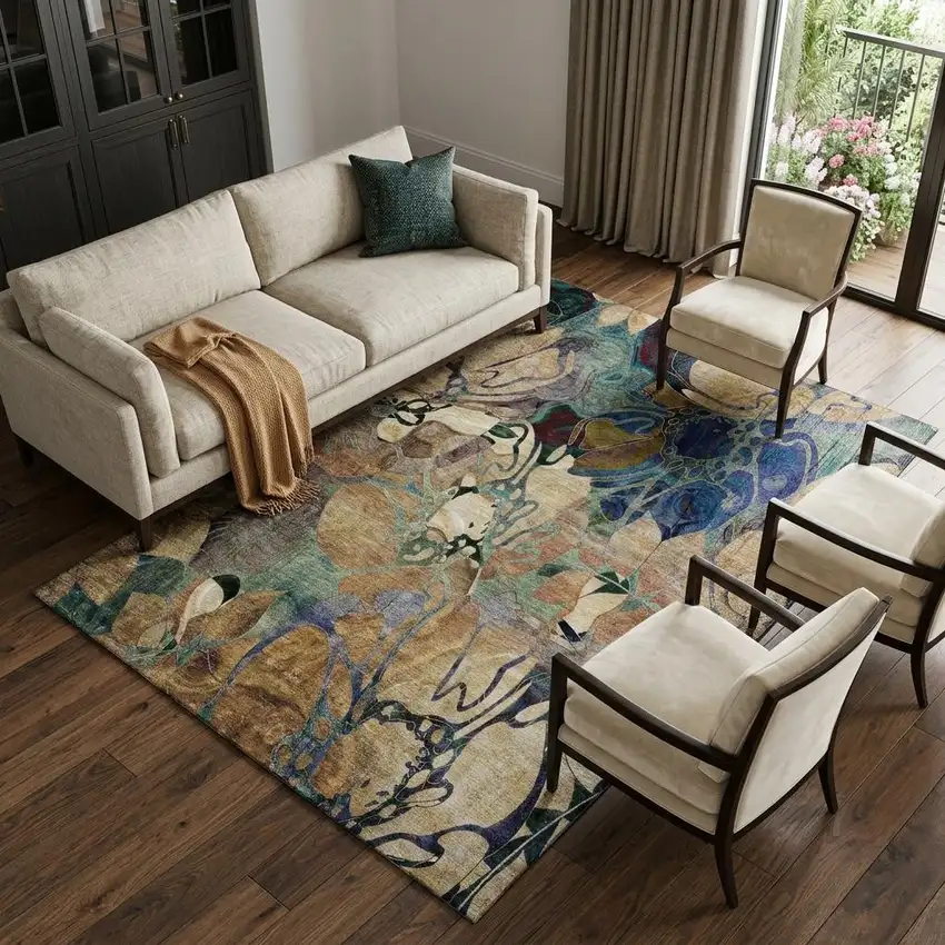 Beige Blue And Purple Abstract Distressed Washable Area Rug With UV Protection Photo 1