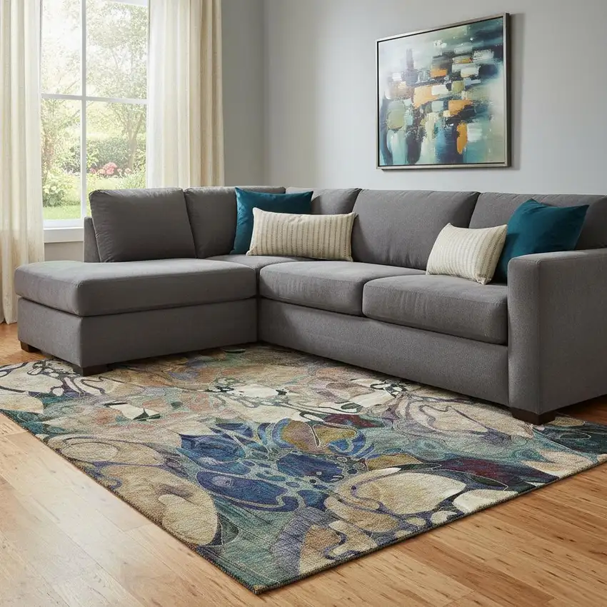 Beige Blue And Purple Floral Washable Area Rug With UV Protection Photo 1