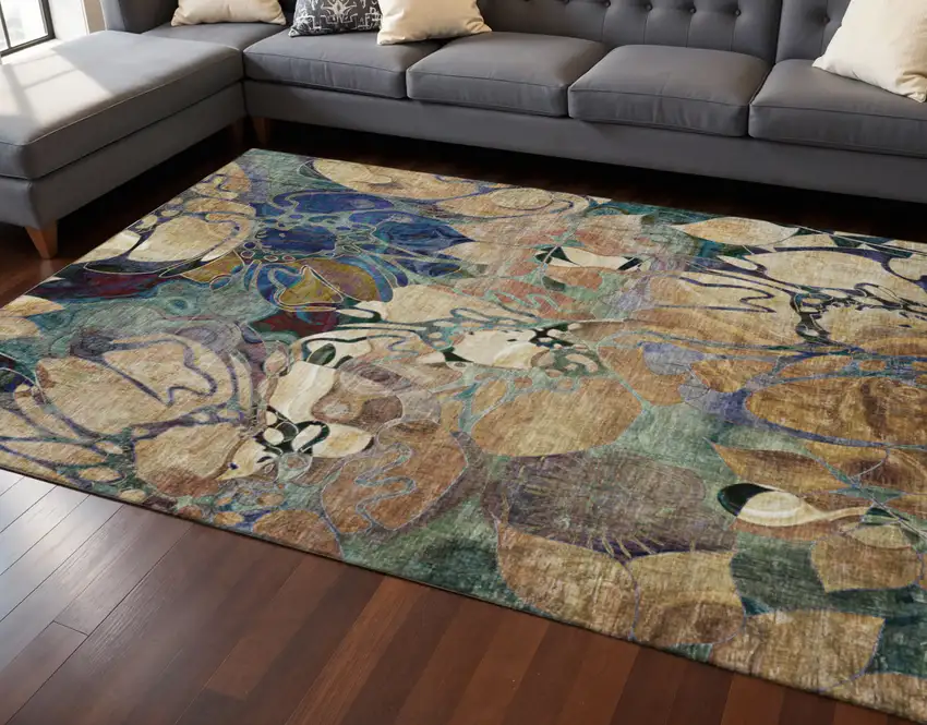 Beige Blue And Purple Floral Washable Area Rug With UV Protection Photo 2