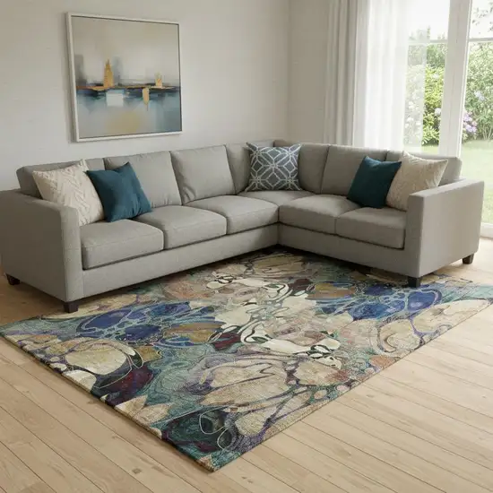 Beige Blue And Purple Floral Washable Area Rug With UV Protection Photo 1