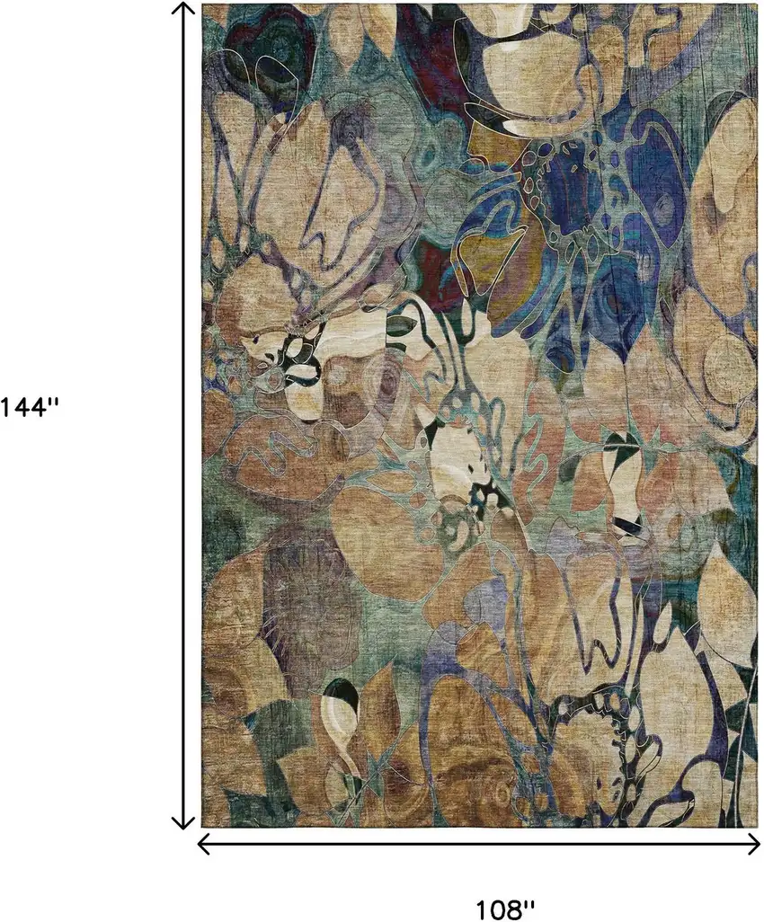 Beige Blue And Purple Floral Washable Area Rug With UV Protection Photo 3