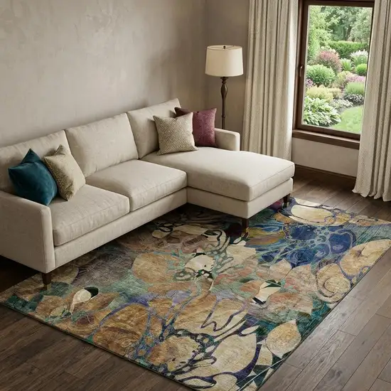 Beige Blue And Purple Abstract Distressed Washable Area Rug With UV Protection Photo 1