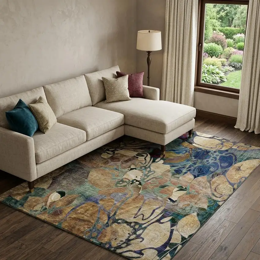 Beige Blue And Purple Abstract Distressed Washable Area Rug With UV Protection Photo 1