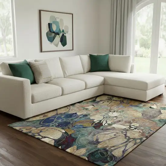 Beige Blue And Purple Floral Washable Area Rug With UV Protection Photo 1