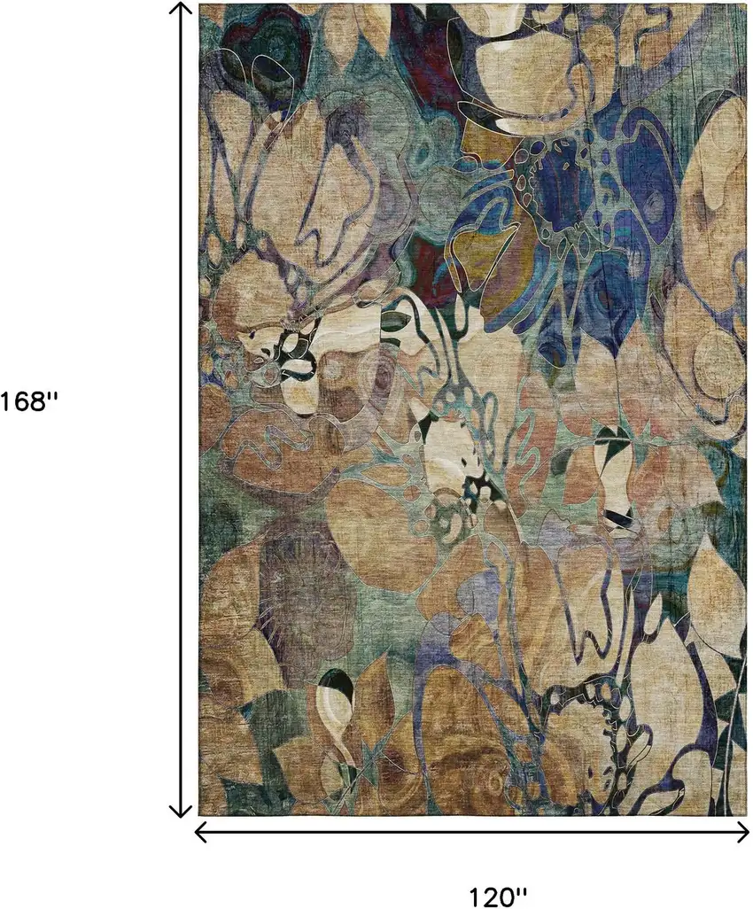 Beige Blue And Purple Floral Washable Area Rug With UV Protection Photo 3