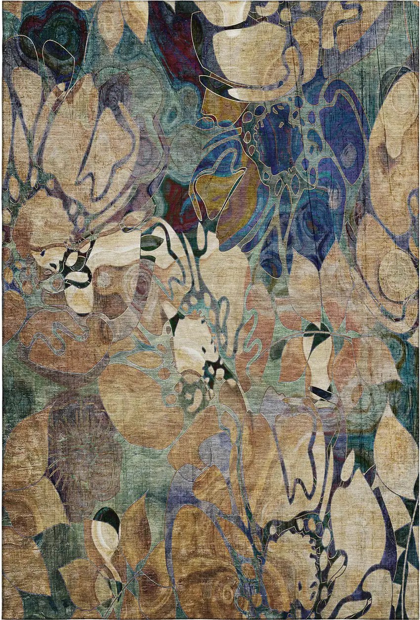 Beige Blue And Purple Floral Washable Area Rug With UV Protection Photo 1