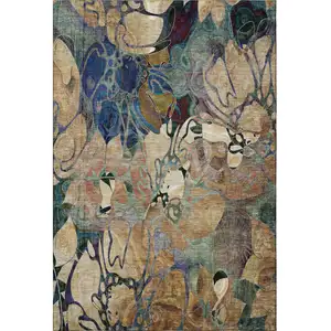 Photo of Beige Blue And Purple Floral Washable Area Rug With UV Protection