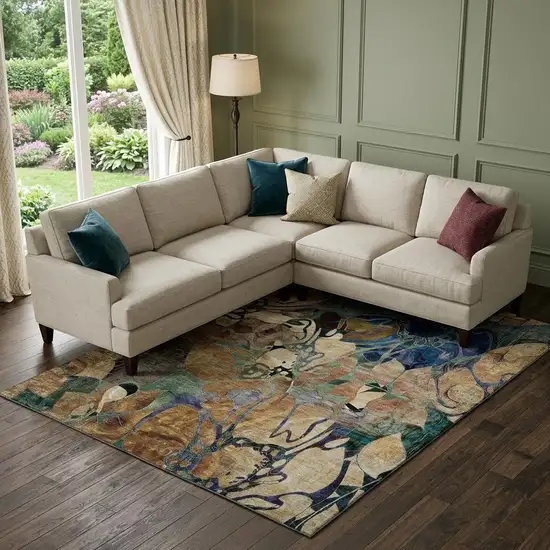 Beige Blue And Purple Abstract Distressed Washable Area Rug With UV Protection Photo 1