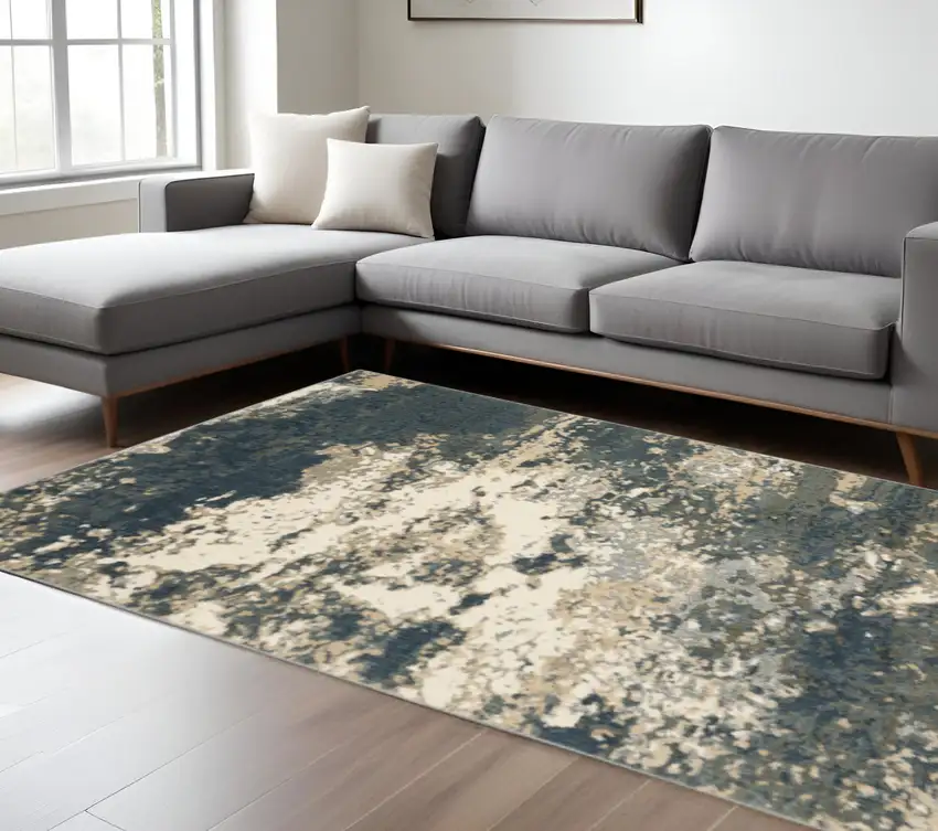 Beige Blue And Sage Abstract Power Loom Stain Resistant Area Rug Photo 1