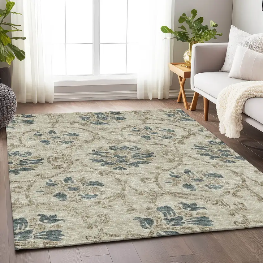 Beige Blue And Tan Floral Washable Area Rug With UV Protection Photo 5