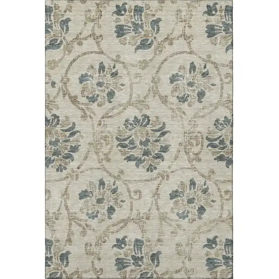 Beige Blue And Tan Floral Washable Area Rug With UV Protection Photo 4