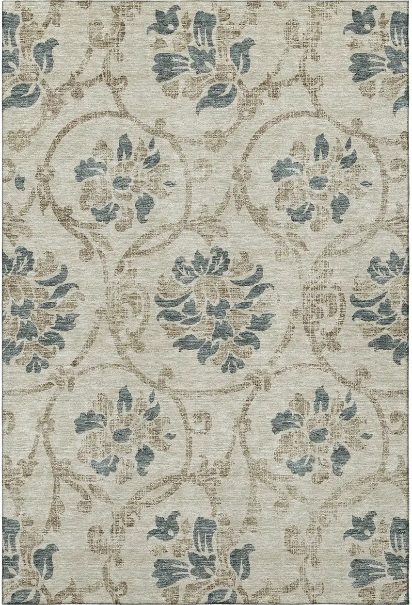 Beige Blue And Tan Floral Washable Area Rug With UV Protection Photo 4
