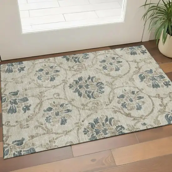 Beige Blue And Tan Floral Washable Area Rug With UV Protection Photo 1