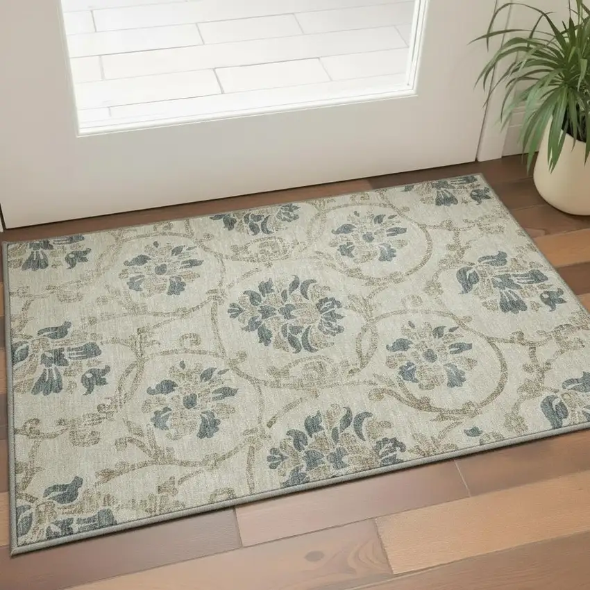 Beige Blue And Tan Floral Washable Area Rug With UV Protection Photo 2