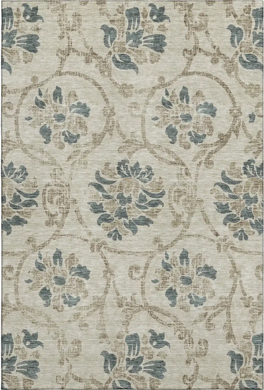 Beige Blue And Tan Floral Washable Area Rug With UV Protection Photo 1