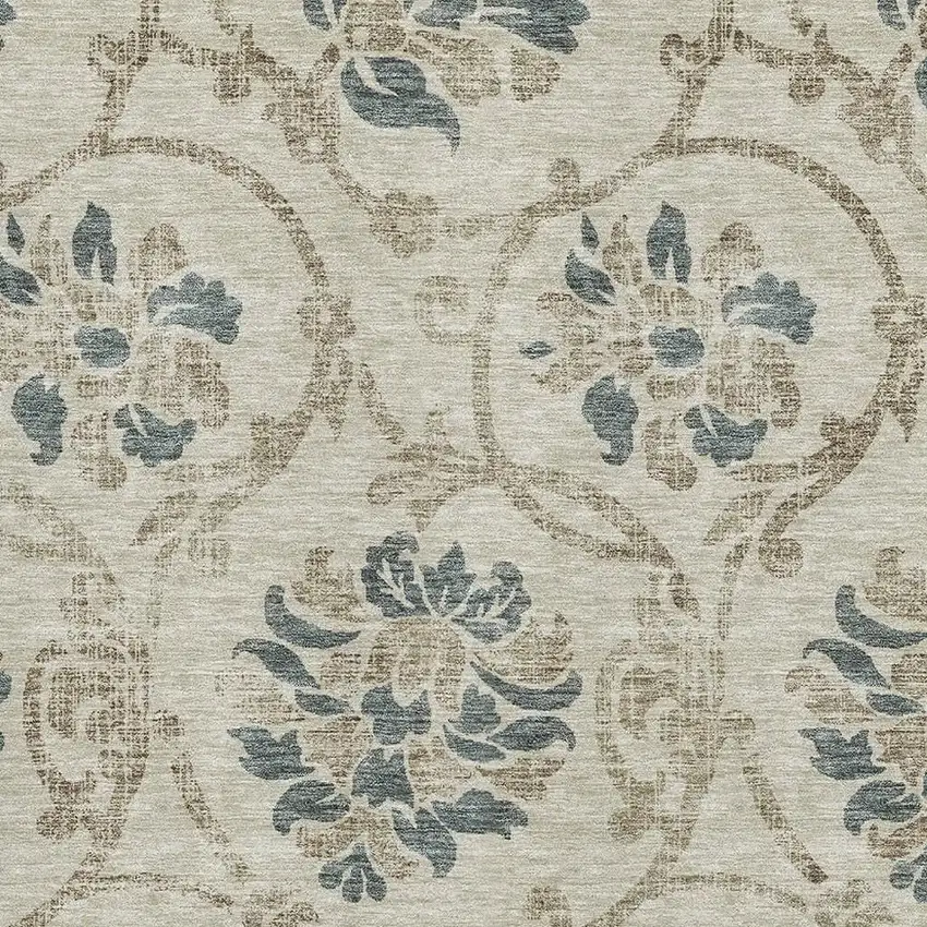 Beige Blue And Tan Floral Washable Area Rug With UV Protection Photo 3