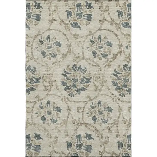 Beige Blue And Tan Floral Washable Area Rug With UV Protection Photo 1