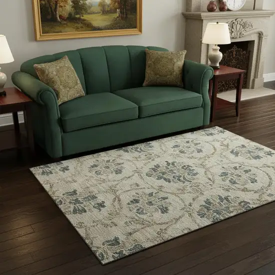 Beige Blue And Tan Floral Washable Area Rug With UV Protection Photo 2