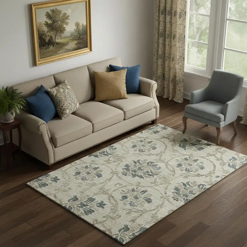 Beige Blue And Tan Floral Washable Area Rug With UV Protection Photo 1