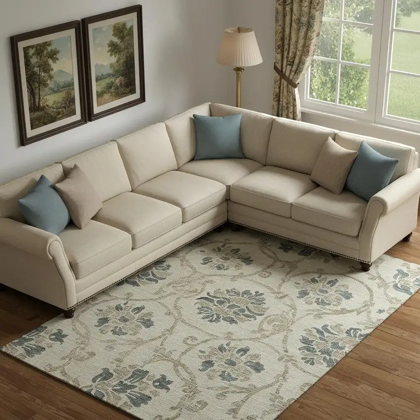 Beige Blue And Tan Floral Washable Area Rug With UV Protection Photo 1