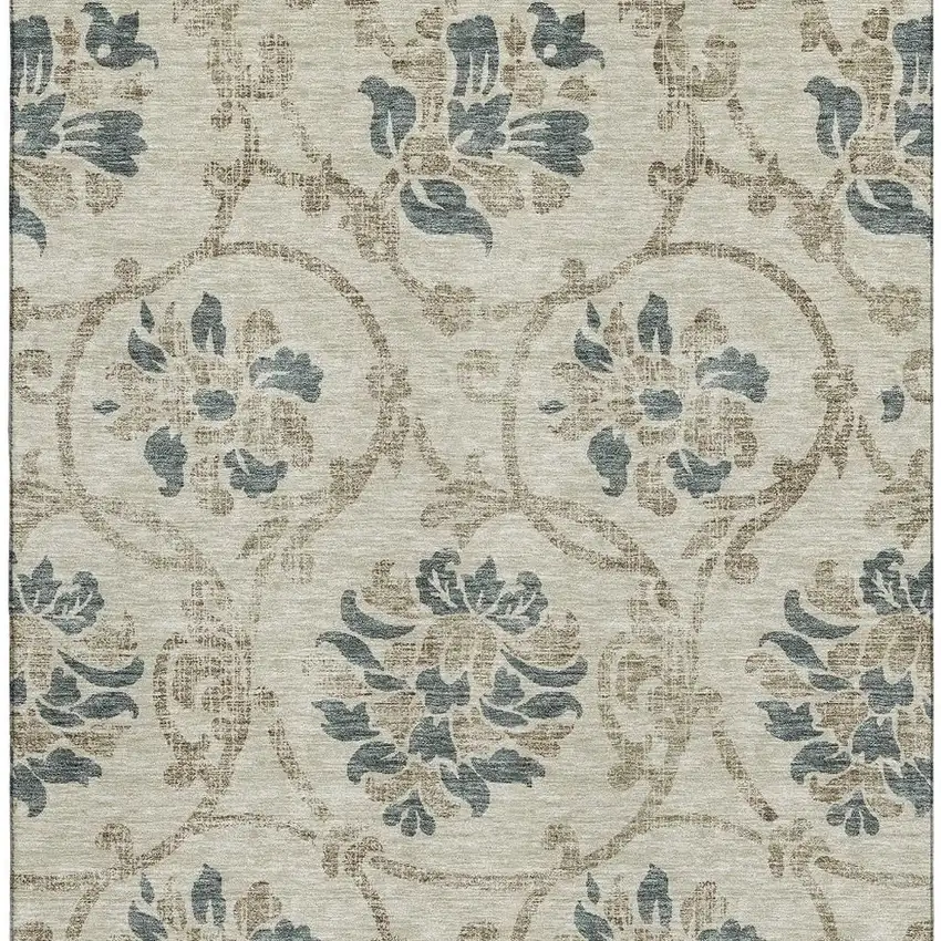 Beige Blue And Tan Floral Washable Area Rug With UV Protection Photo 4