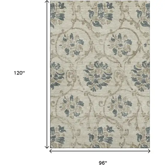 Beige Blue And Tan Floral Washable Area Rug With UV Protection Photo 3