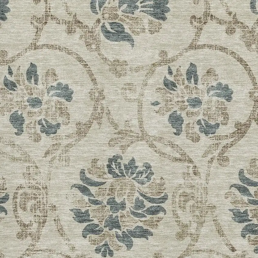 Beige Blue And Tan Floral Washable Area Rug With UV Protection Photo 3