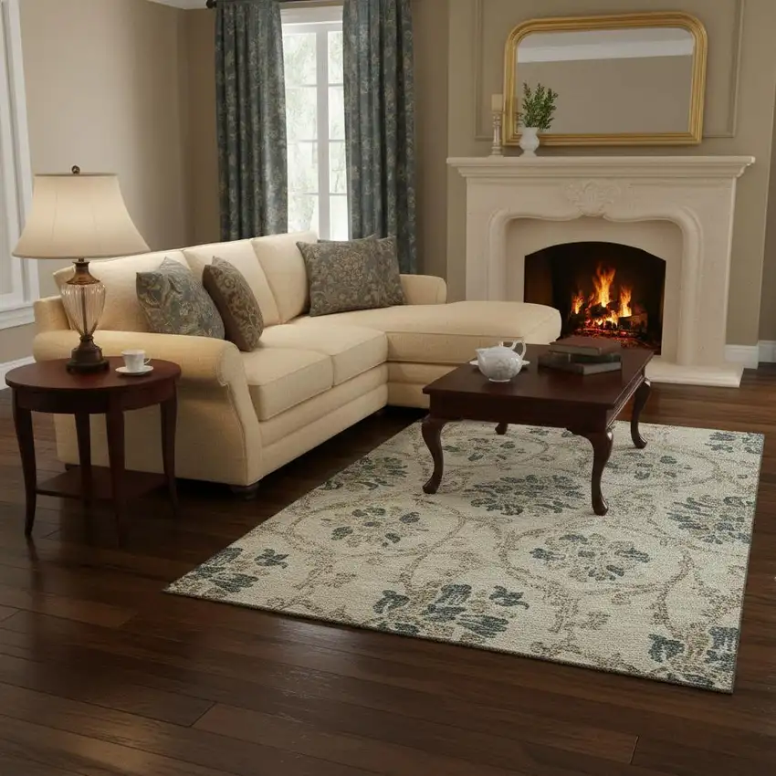 Beige Blue And Tan Floral Washable Area Rug With UV Protection Photo 2