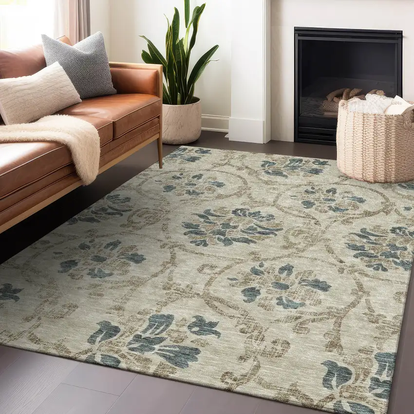 Beige Blue And Tan Floral Washable Area Rug With UV Protection Photo 6
