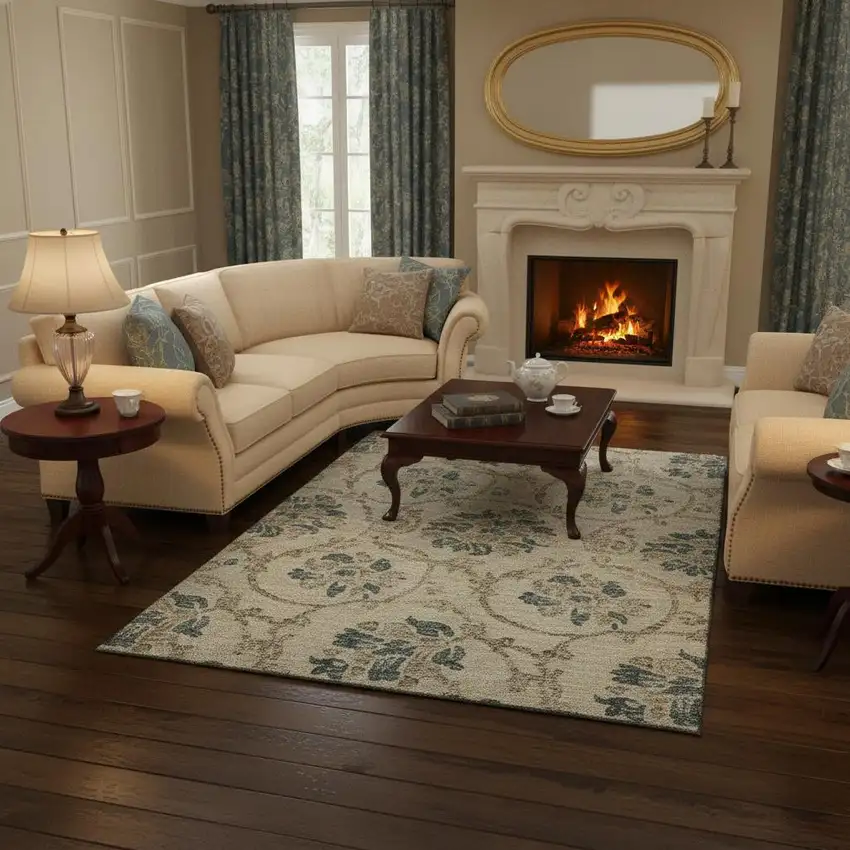 Beige Blue And Tan Floral Washable Area Rug With UV Protection Photo 2