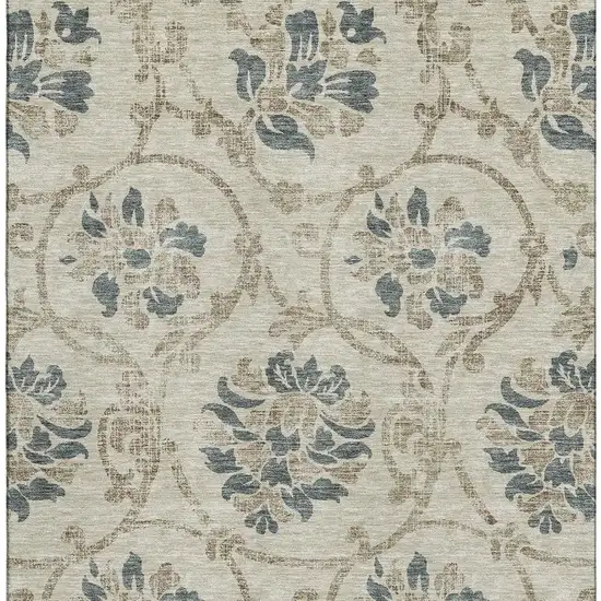 Beige Blue And Tan Floral Washable Area Rug With UV Protection Photo 4