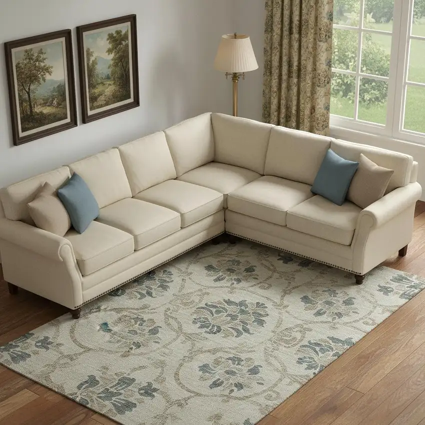 Beige Blue And Tan Floral Washable Area Rug With UV Protection Photo 1