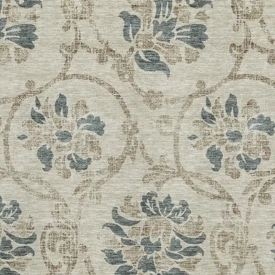Beige Blue And Tan Floral Washable Area Rug With UV Protection Photo 3