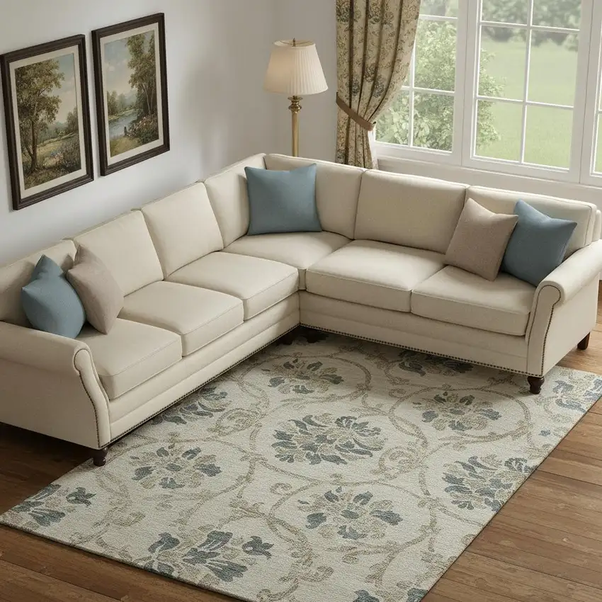 Beige Blue And Tan Floral Washable Area Rug With UV Protection Photo 1