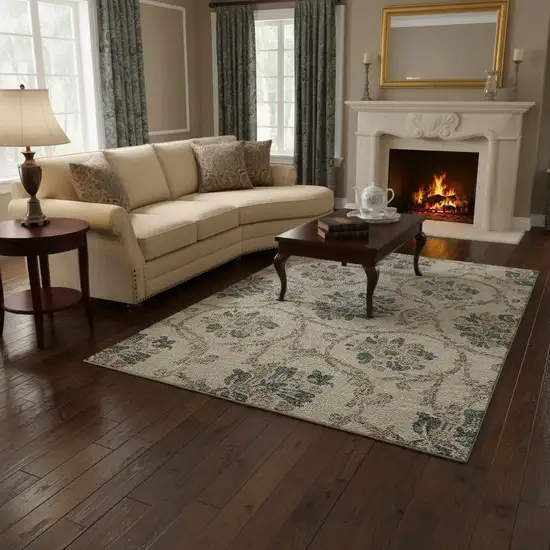 Beige Blue And Tan Floral Washable Area Rug With UV Protection Photo 2